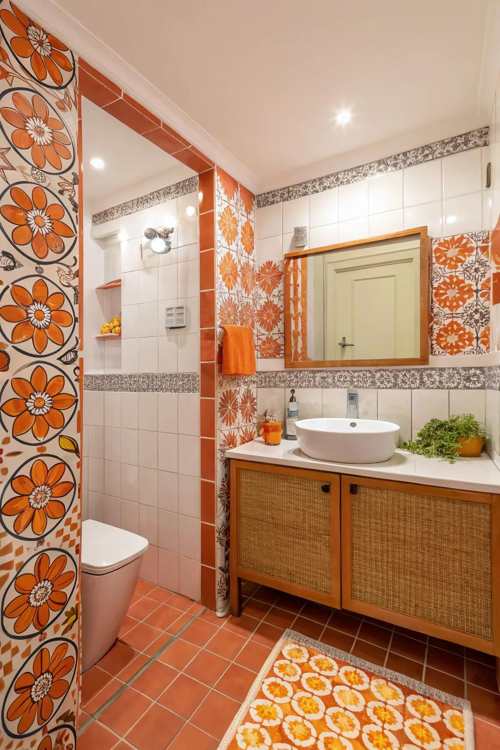 Bathroom with orange patterned tiles for added character and fun.