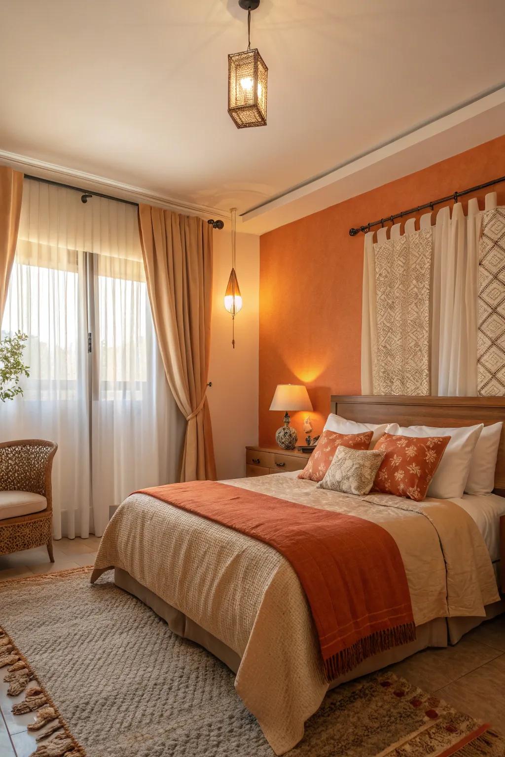 Orange and beige unite to create a balanced, soothing aesthetic.