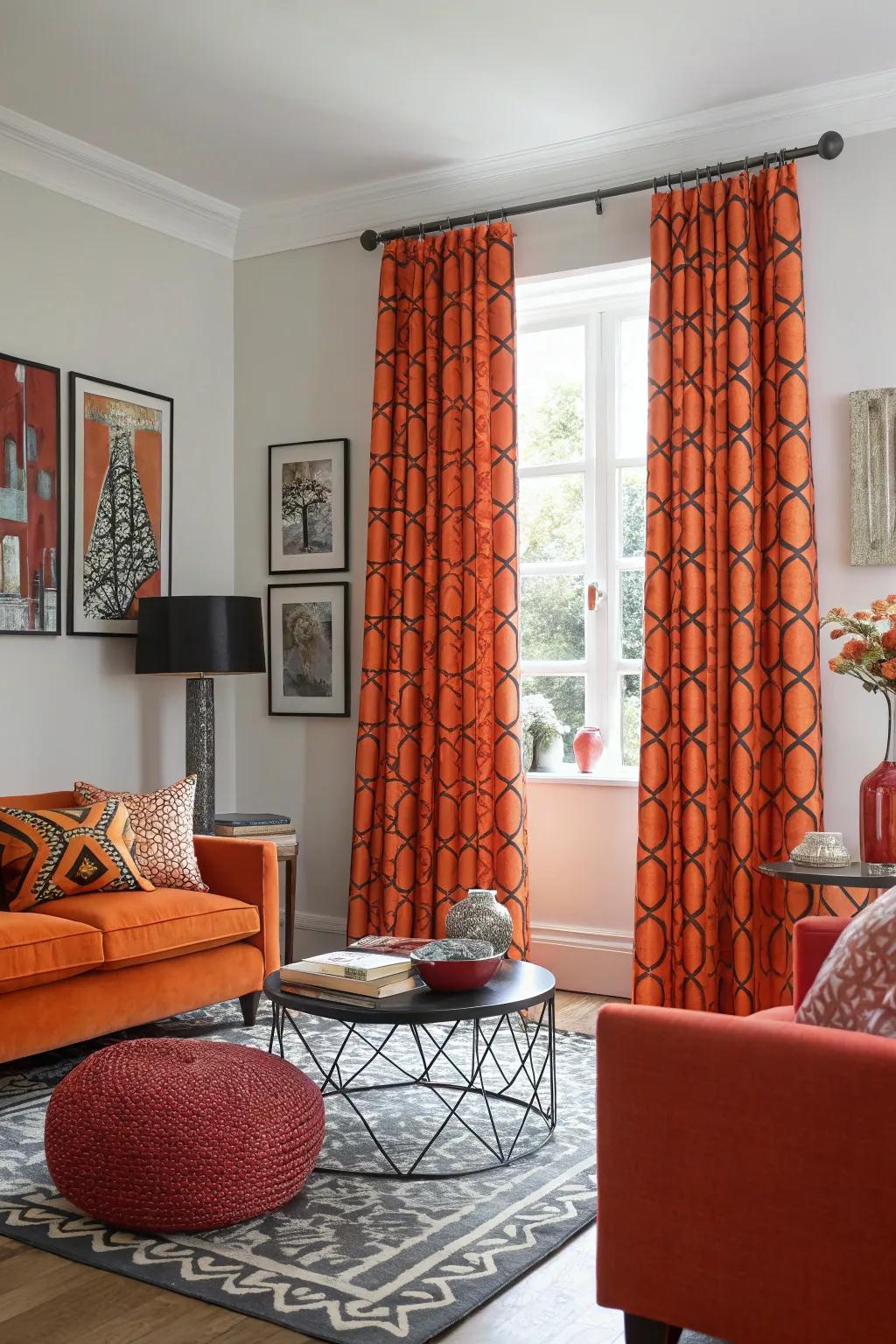 Bold prints on orange window coverings making a dramatic statement.