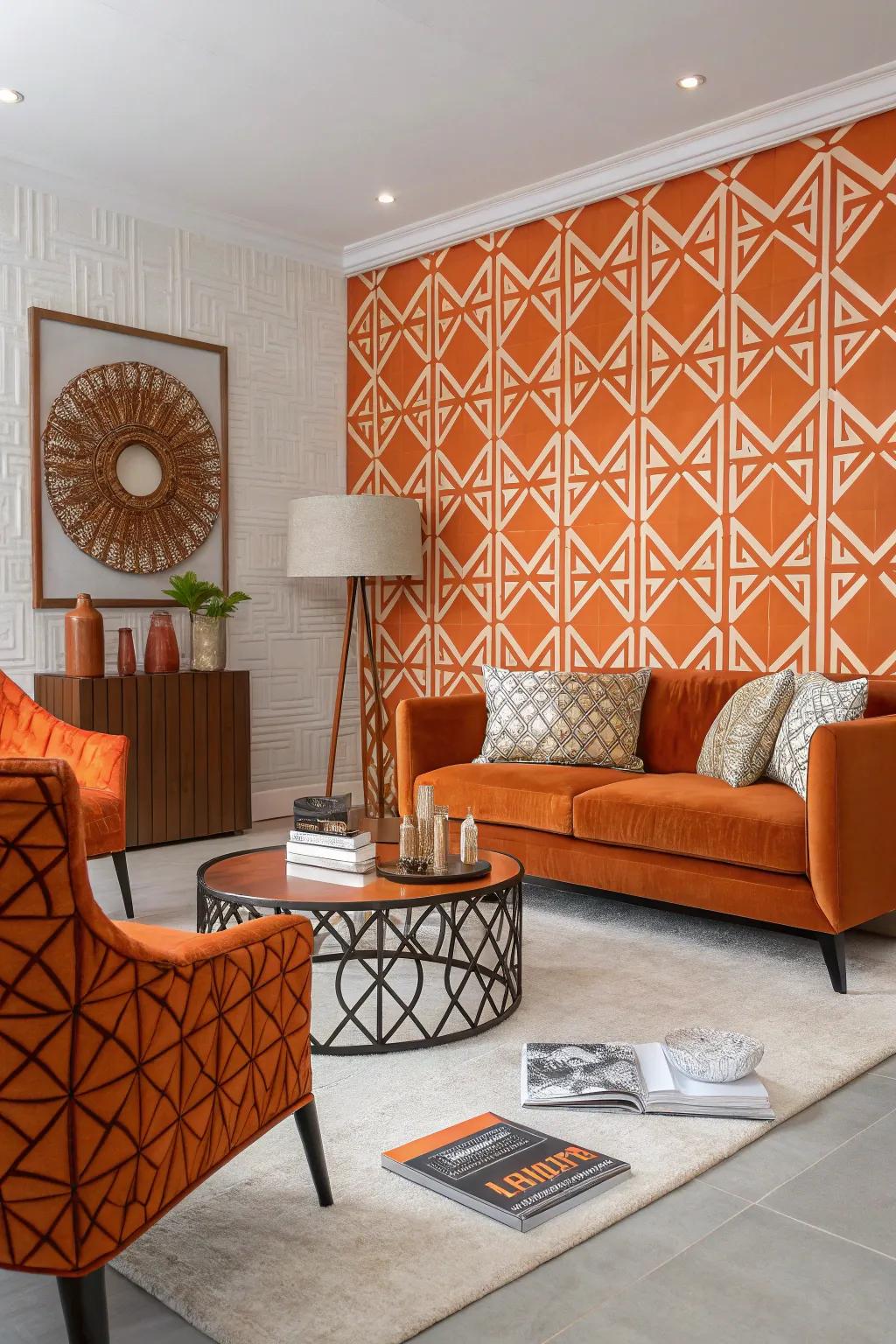 A modern living space featuring orange geometric patterned design.