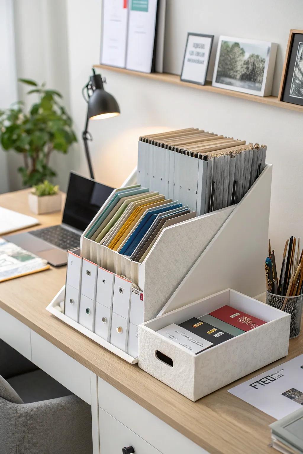 Vertical file holders keep papers neatly organized and easy to access.