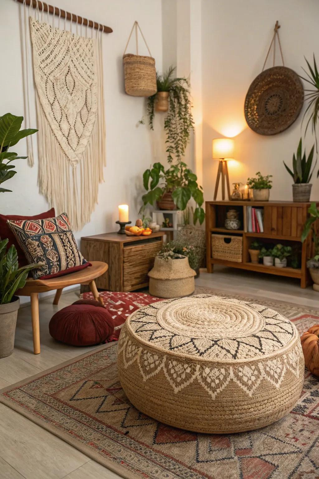 A woven ottoman introduces inherent texture to a bohemian living space.