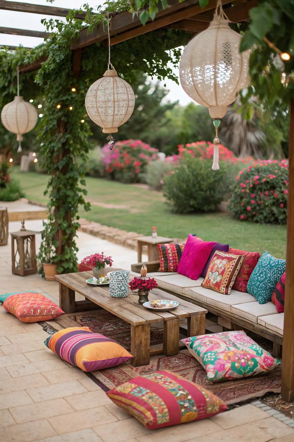 Vibrant toss cushions forge a relaxed and inviting seating zone.