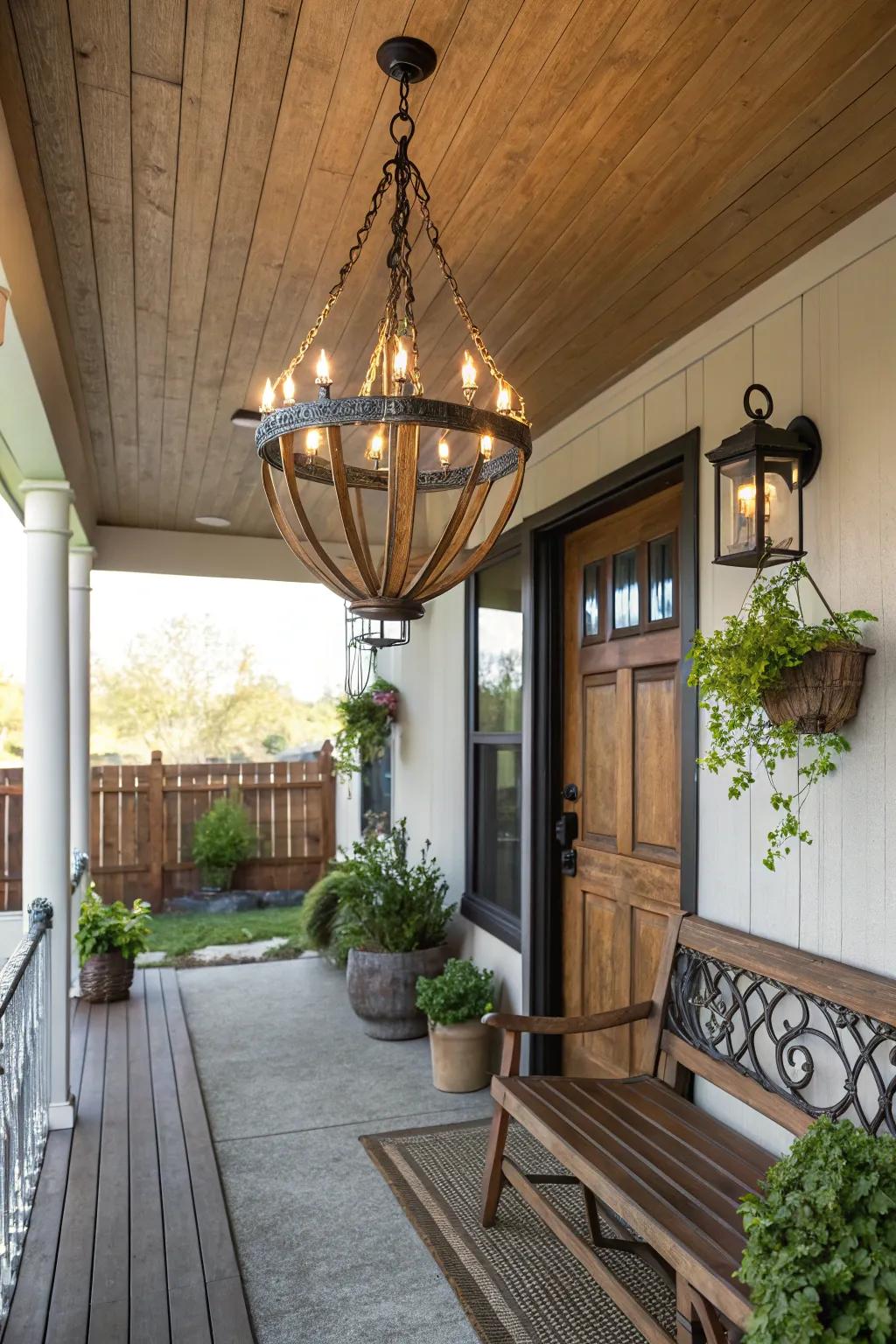 Bring rustic sophistication to your porch with a farmhouse chandelier.