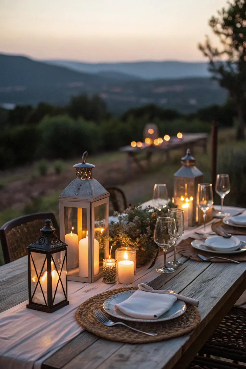 A romantic outdoor dining setting with candlelight.