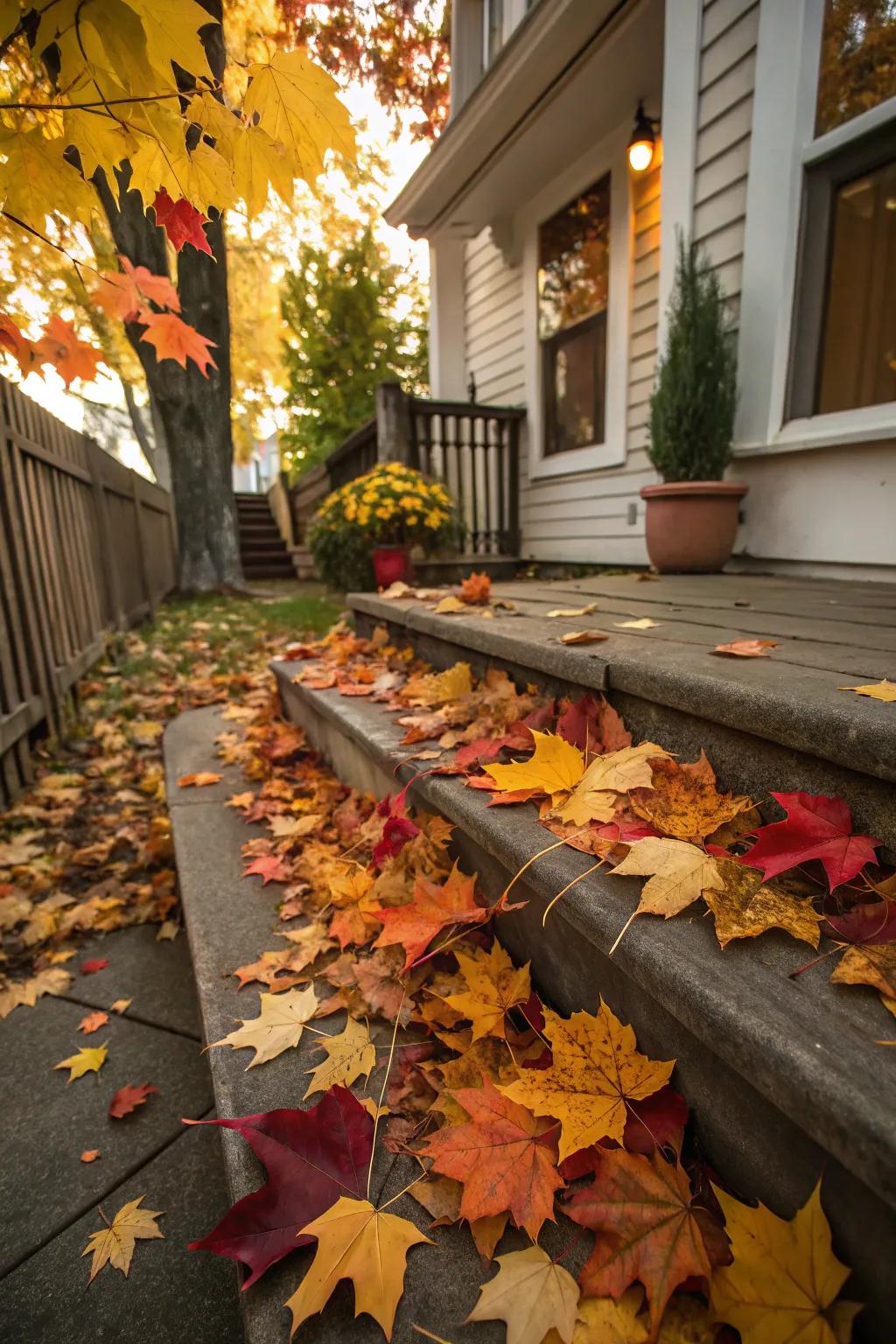 Scattered seasonal foliage contributes a dynamic and natural accent to the stairway.