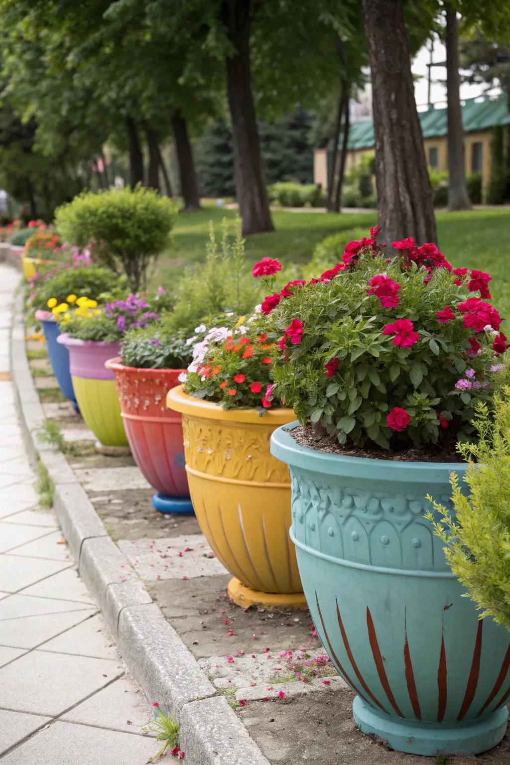 Vibrant plant pots enlivening the garden.