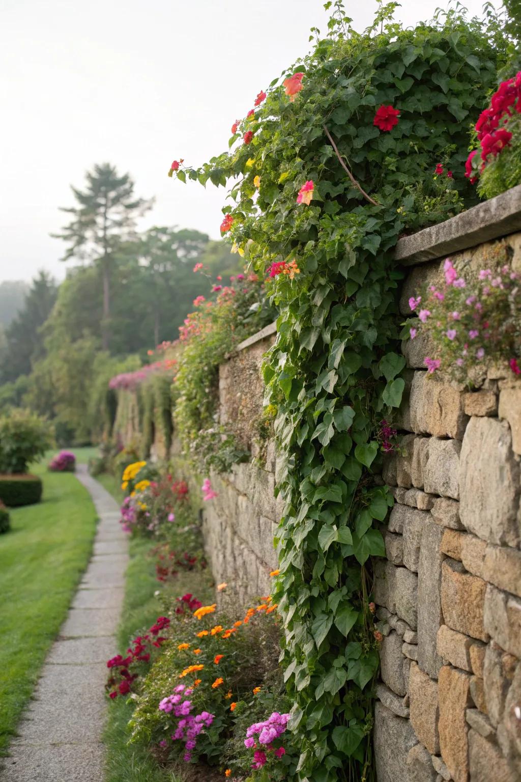 Growing vines transform stone walls into lively, natural artwork.