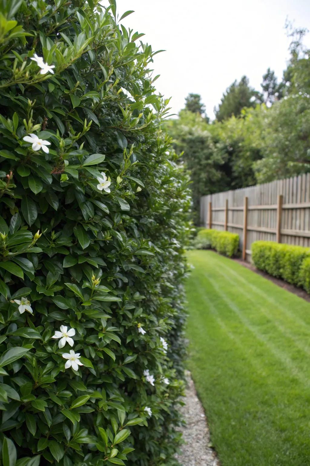 A dense gardenia hedgerow delivering seclusion and fragrance.