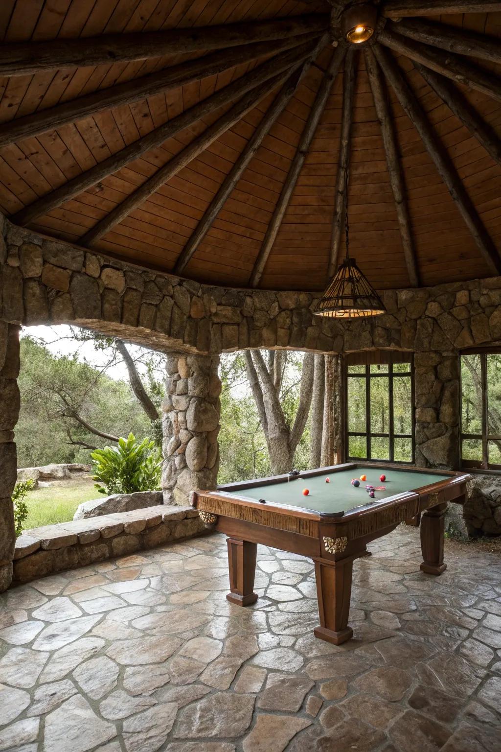 A countryside stone bastion lodging a billiard table within a natural tableau.