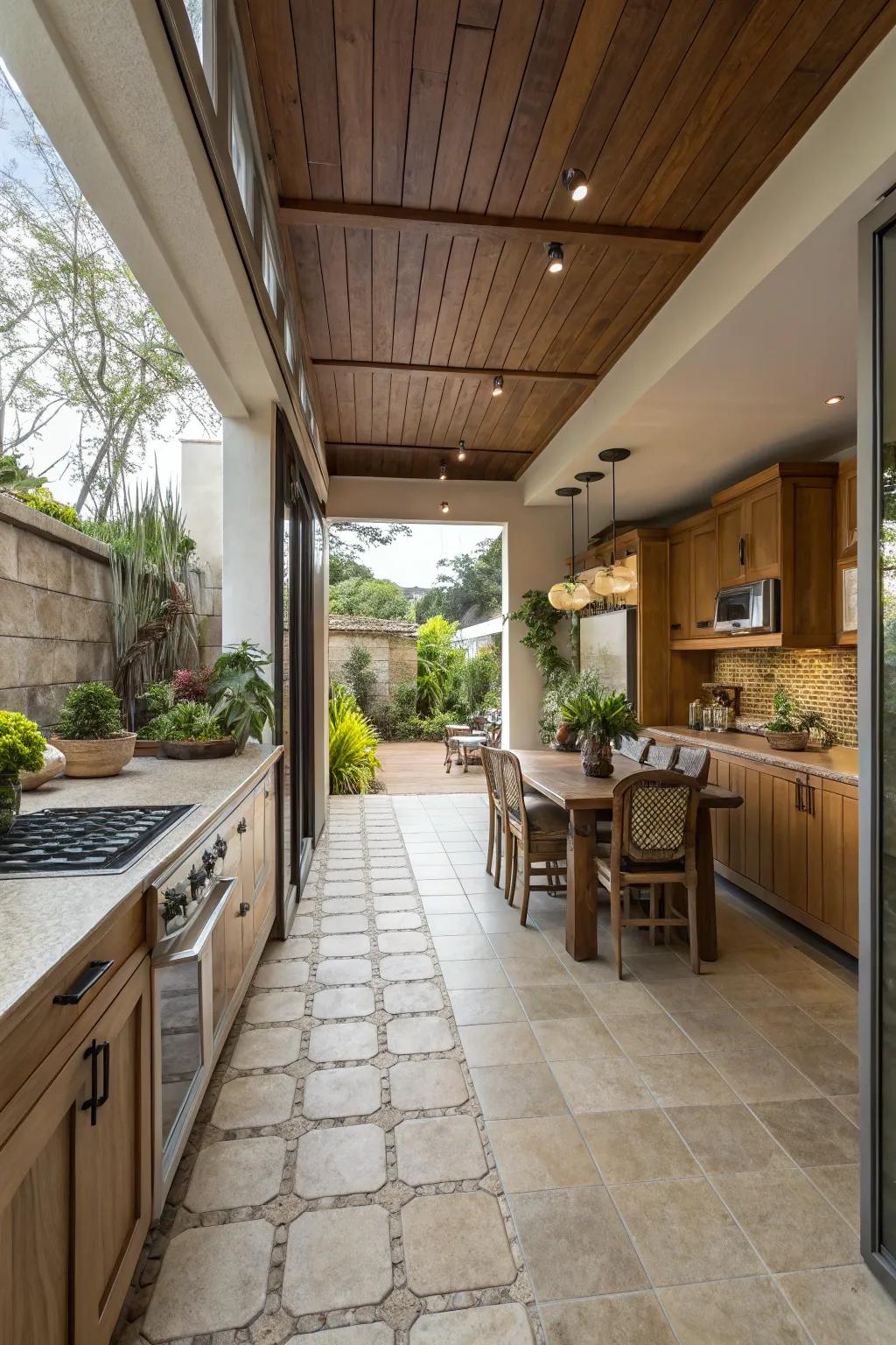 Establish a fluid continuity through coordinating indoor and outdoor tiles.