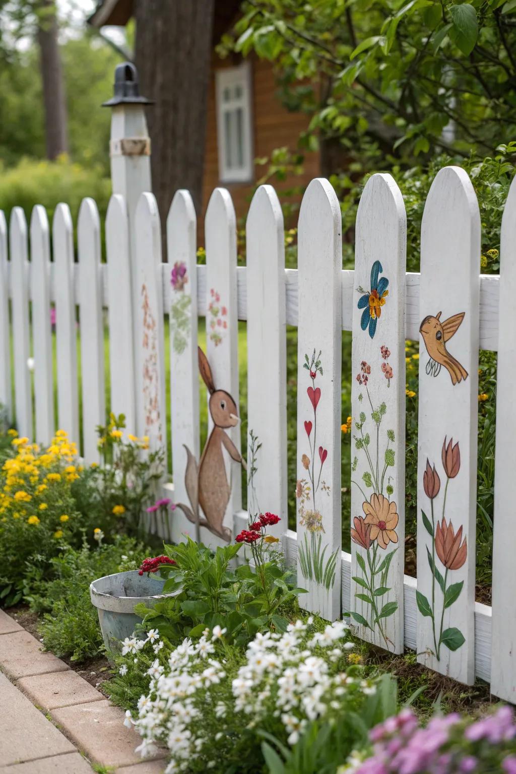 A fence featuring charming woodland creature artwork.