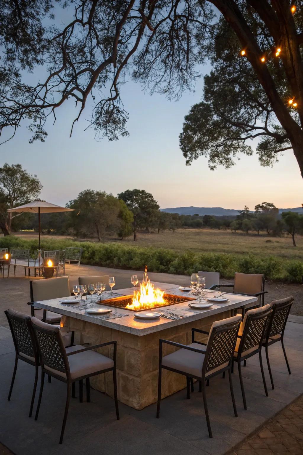 Fire pit table tops offer warmth and dining convenience.