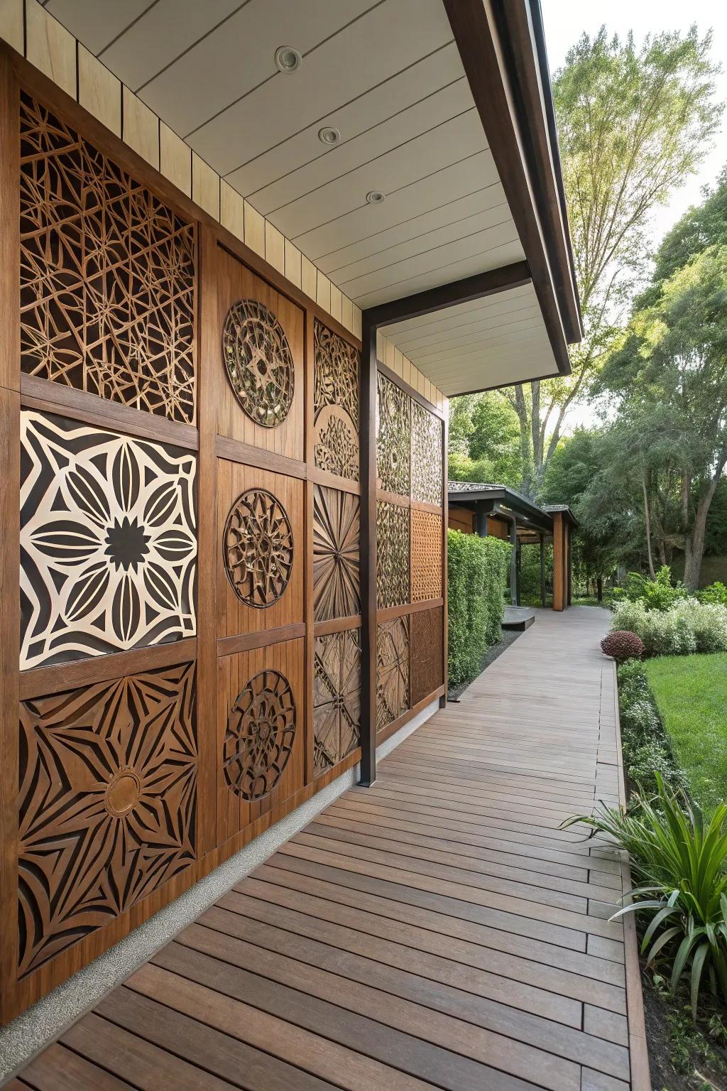 A contemporary patio background featuring geometric timber panel artistry.