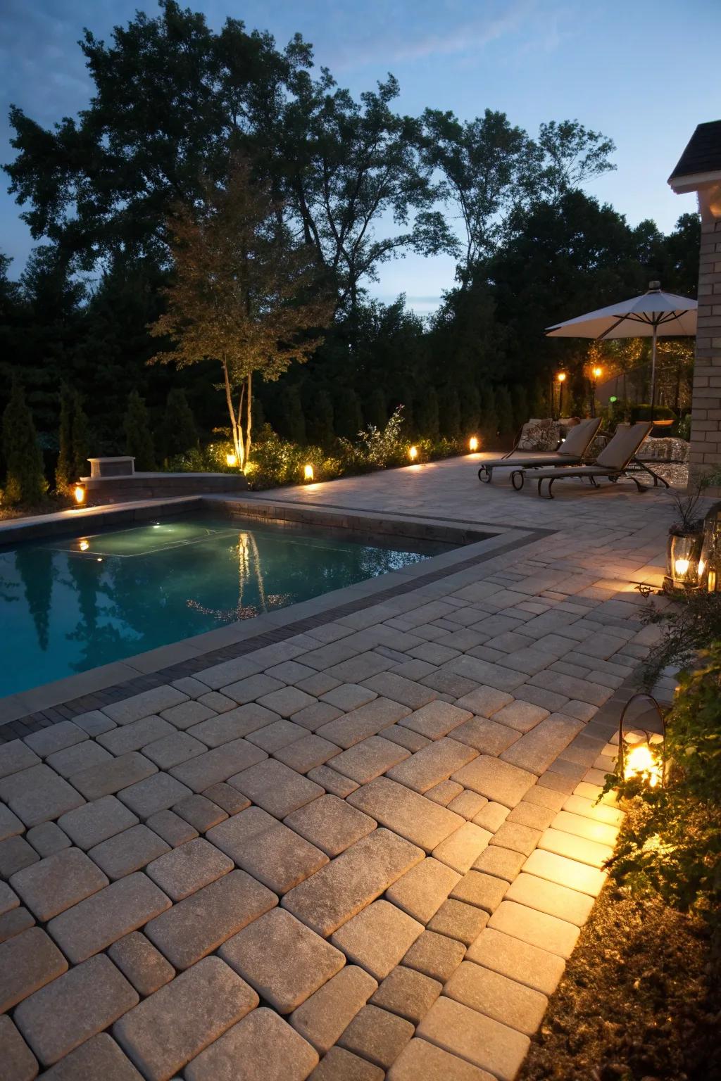 Lighting enhances the beauty of pavers, creating a magical nighttime ambiance.