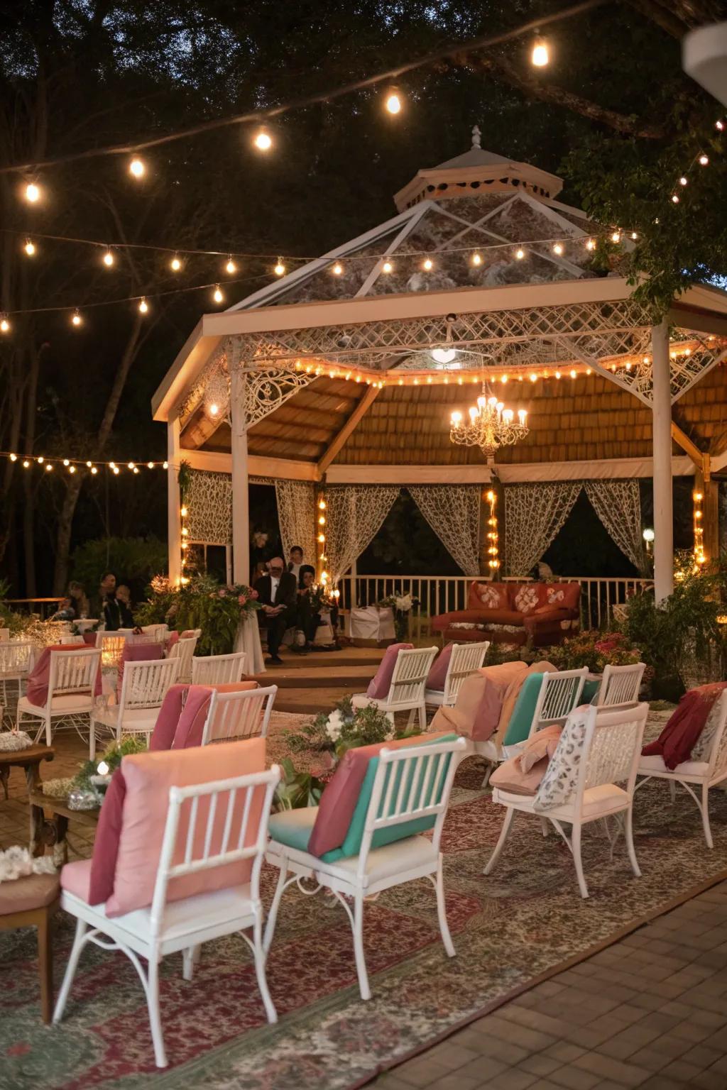 Mismatched seating appends a cozy and eclectic vibe to the matrimony.