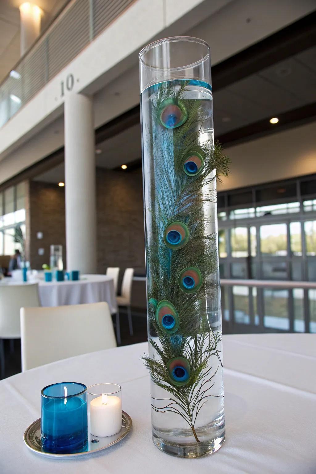 A striking drifting centerpiece featuring plume bird quills.