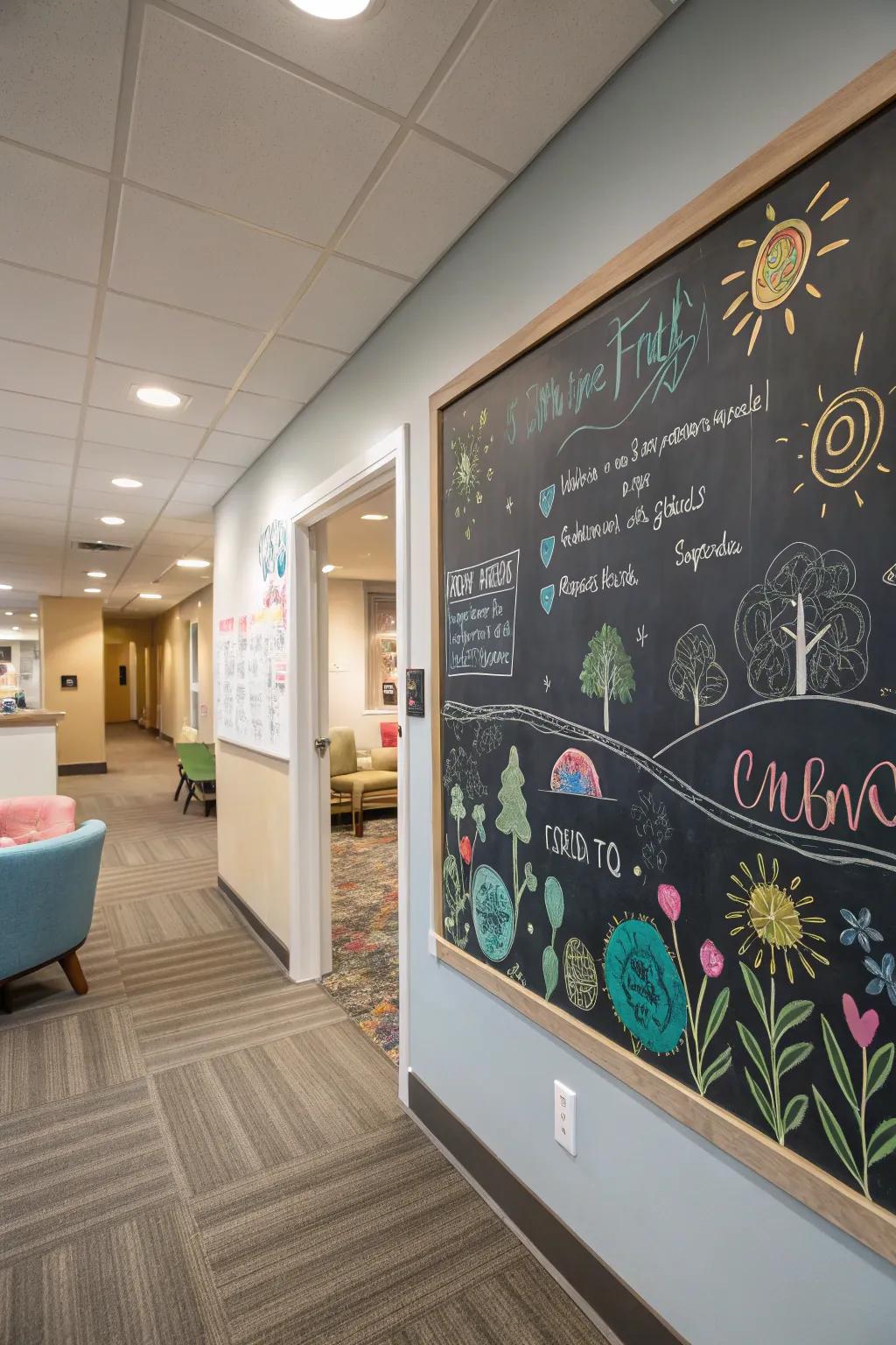 An interactive wall featuring a chalkboard for creative articulation.