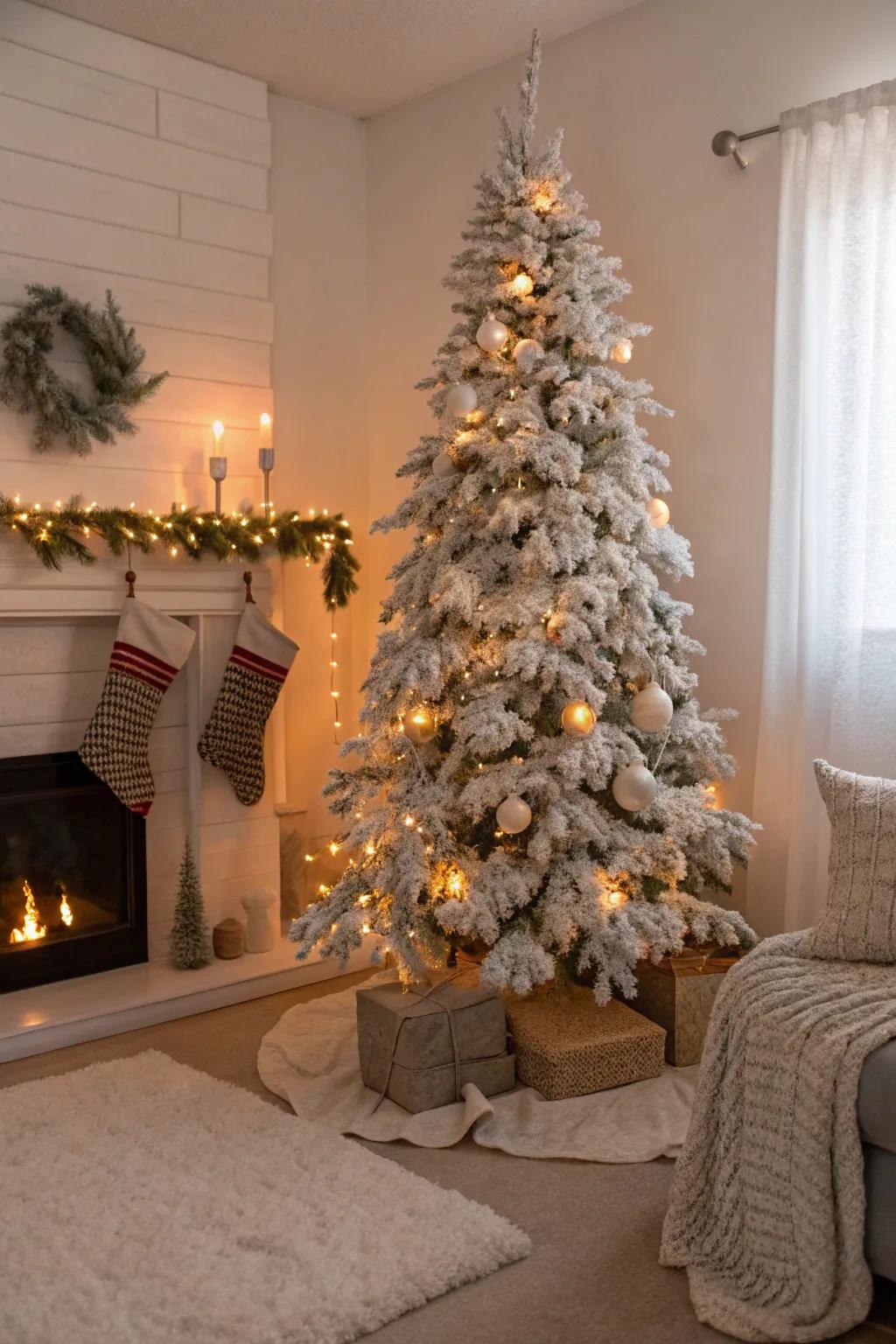 Coated slender Christmas tree featuring a snowy, enchanting appearance.