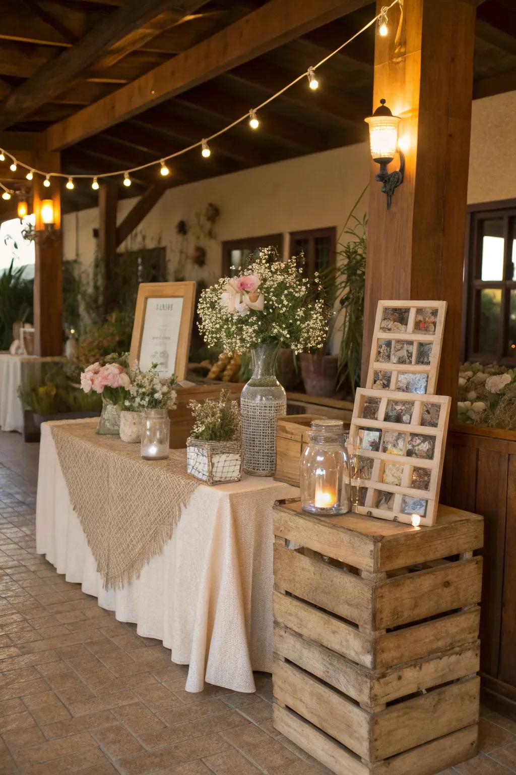 Countryside components cultivate a cozy and welcoming photo booth.