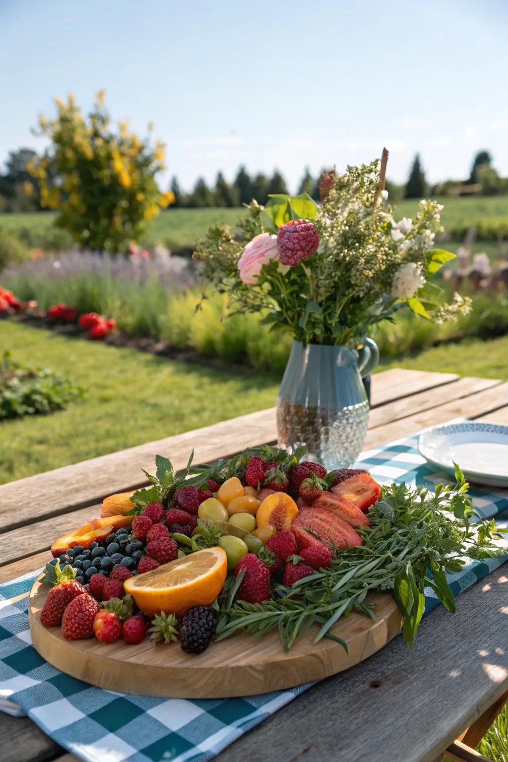 A comestible focal arrangement featuring fruits and herbs enriches this picnic setting with beauty and flavor.