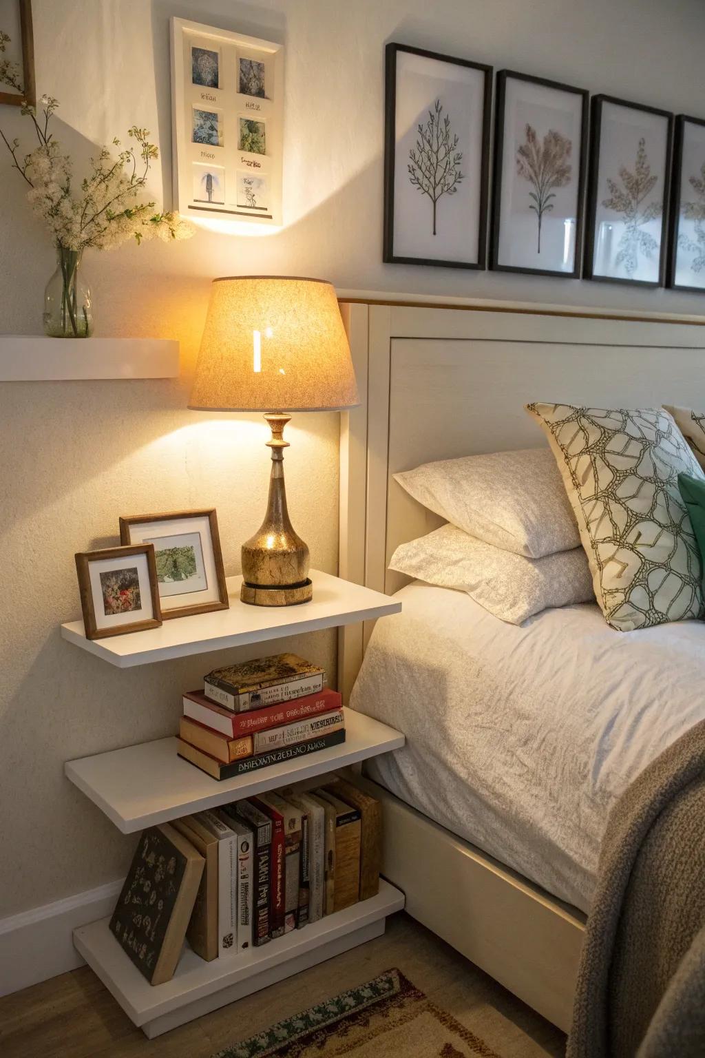 A display ledge serves as a nightstand alternative, saving space.