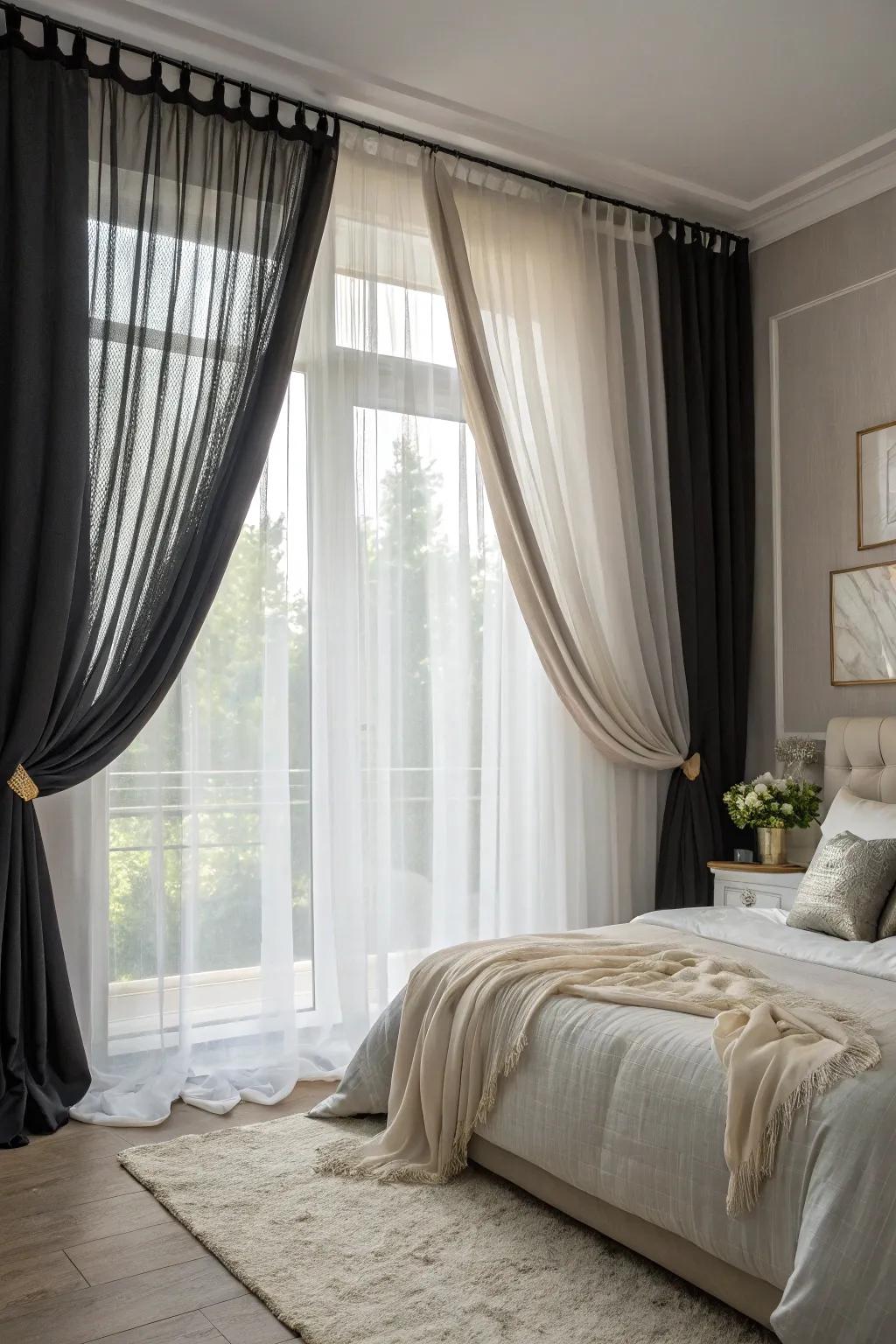 Chic bedroom featuring layered sheer and darkening drapes on a bay window.