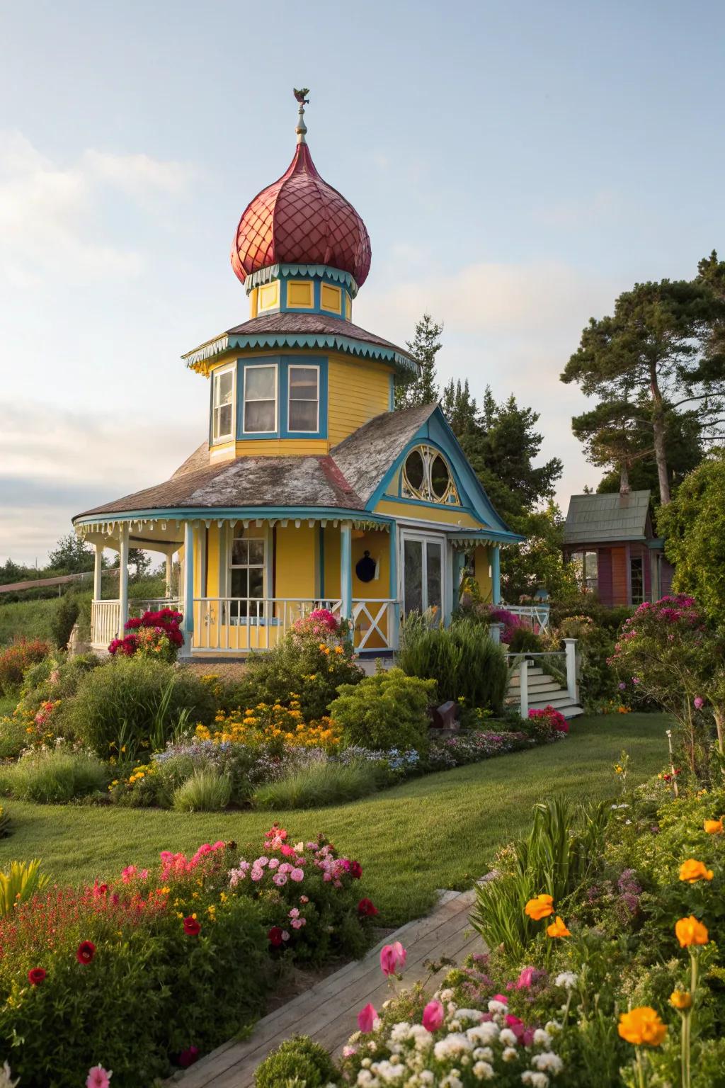 A house with a colorful cupola, adding a playful touch.