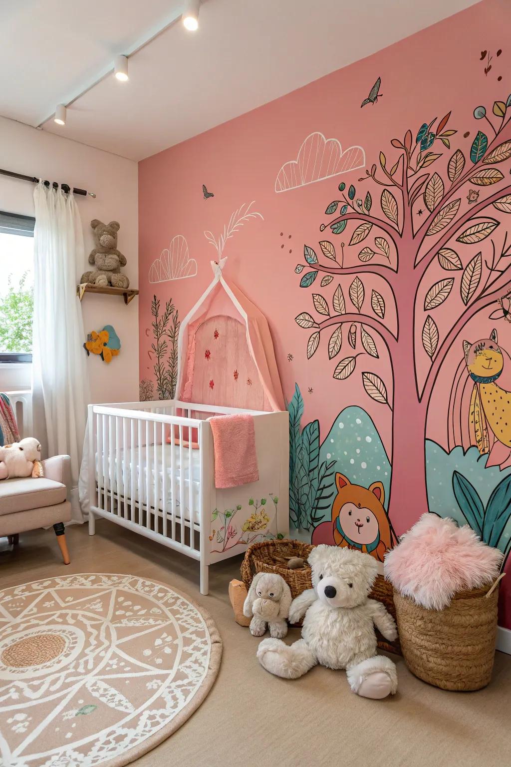 A nursery featuring an artistic wall painting that functions as a captivating focal point.