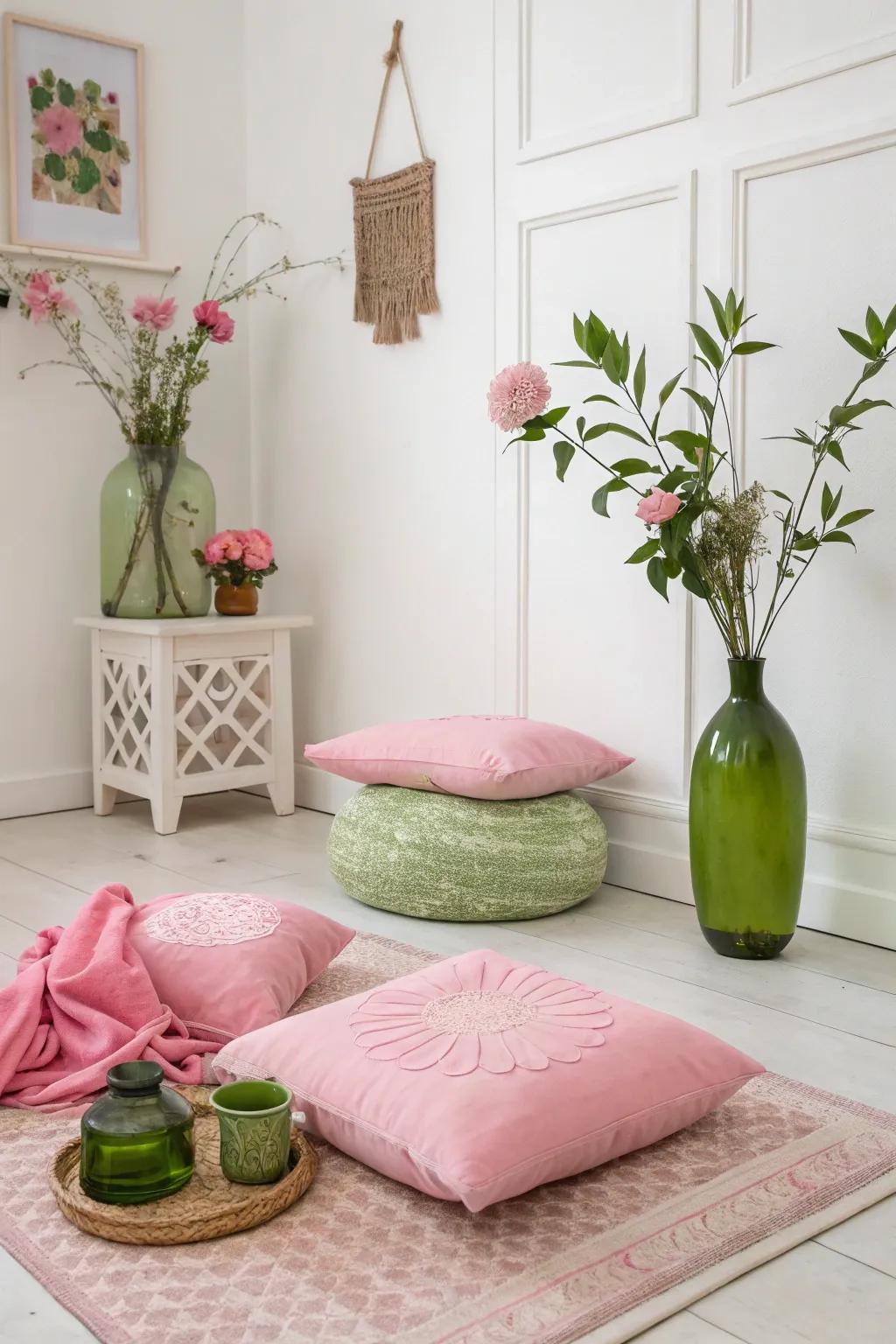 Minimalist rose and verdant decor creates an elegant look.