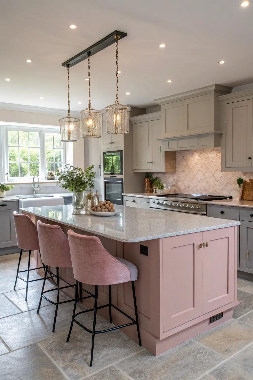 A bold rose and grey island acts as a centerpiece.