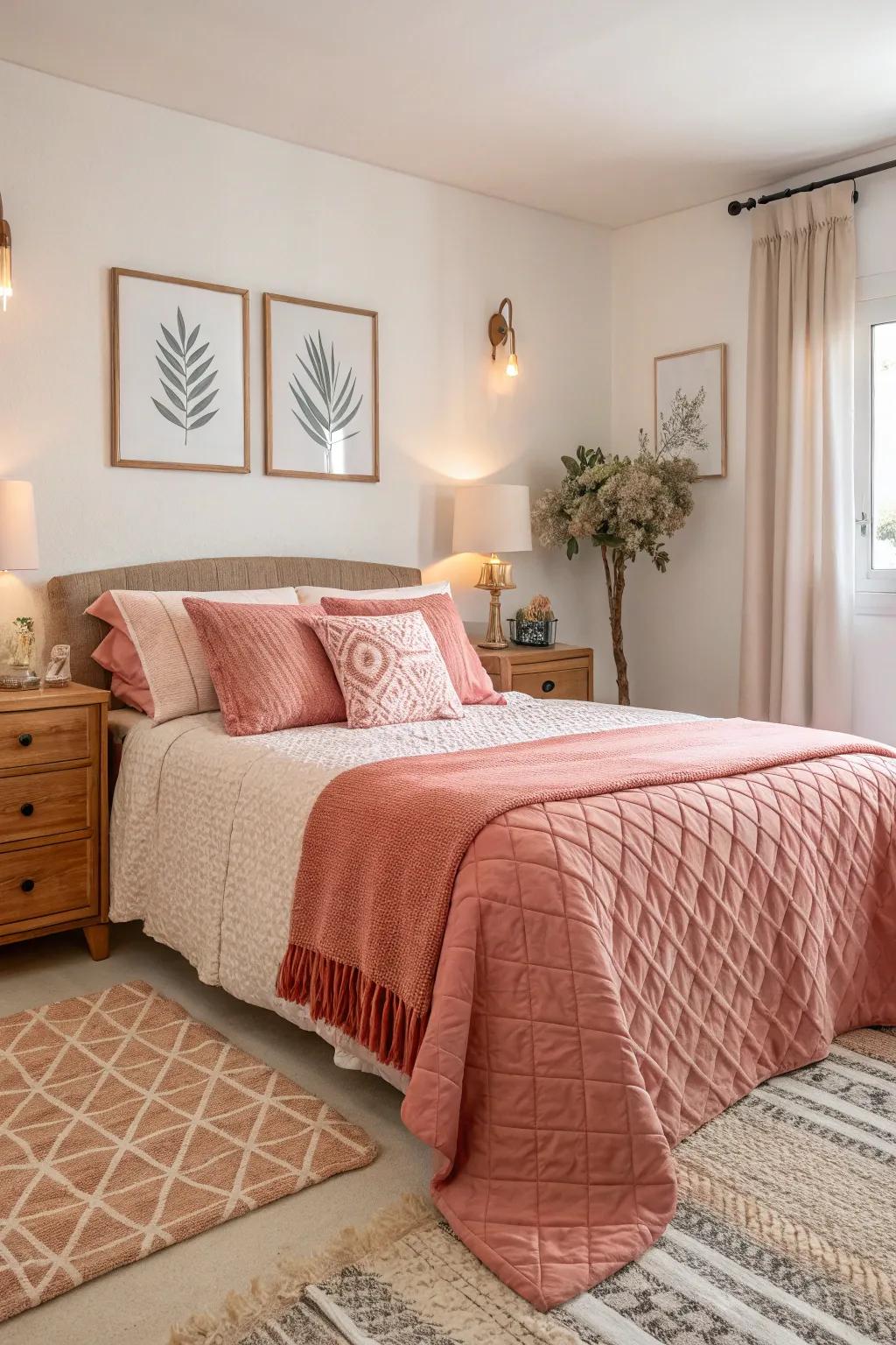 Coral hint and ivory tones contribute vitality and stability to your bedroom.