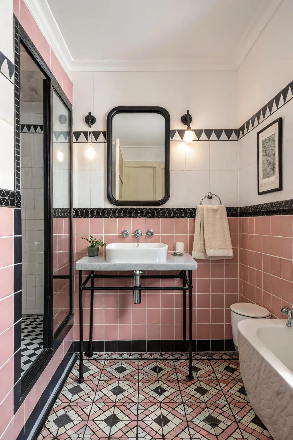 A retro-inspired bathroom featuring a rose and charcoal tile combination.