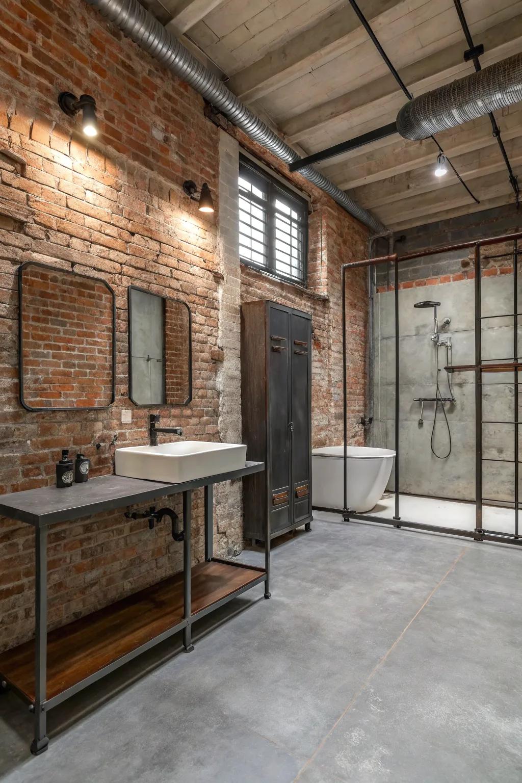 Industrial aspects impart a bold and contemporary touch to bathrooms.