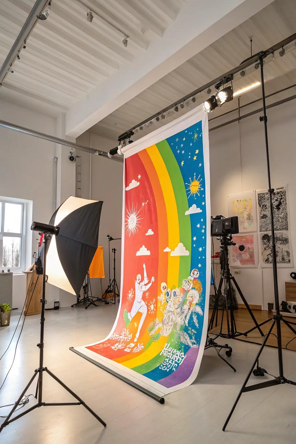 A rainbow-colored print igniting innovative thinking inside a vibrant studio.