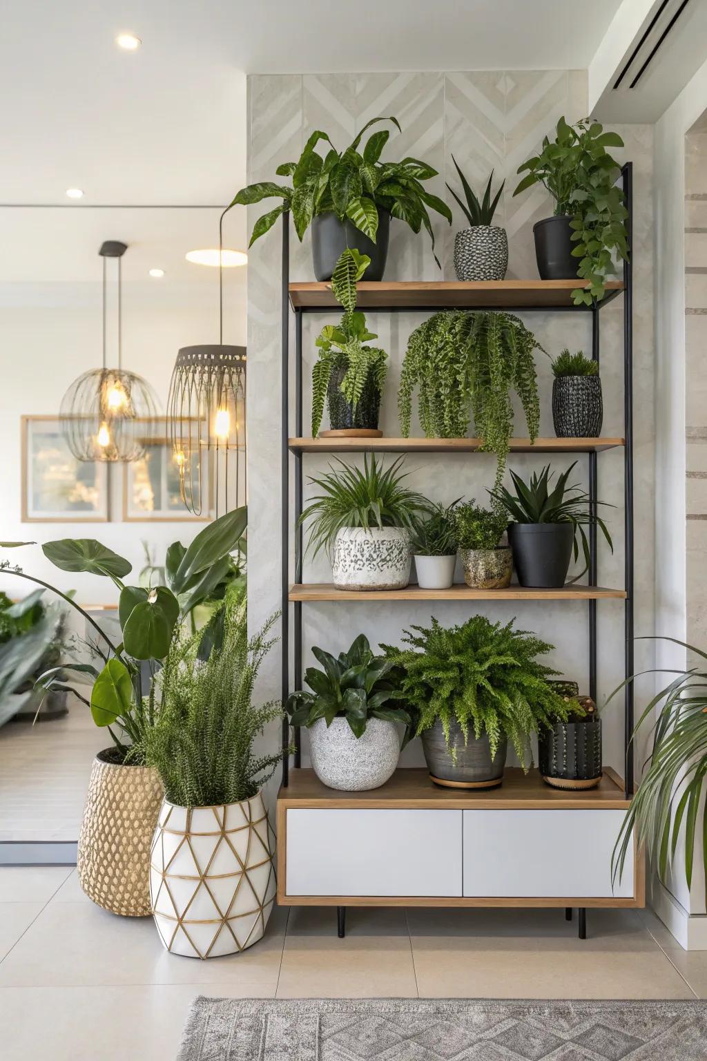 An artful plant display shelf yielding visual appeal.