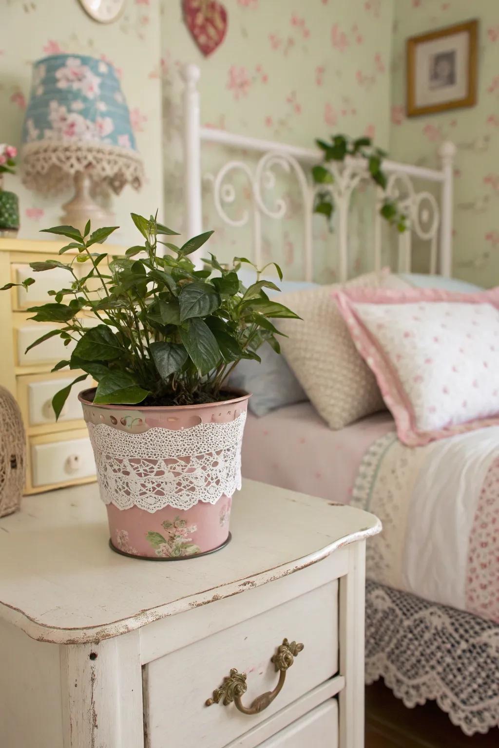 Fine netting wraps add a hint of vintage sophistication.