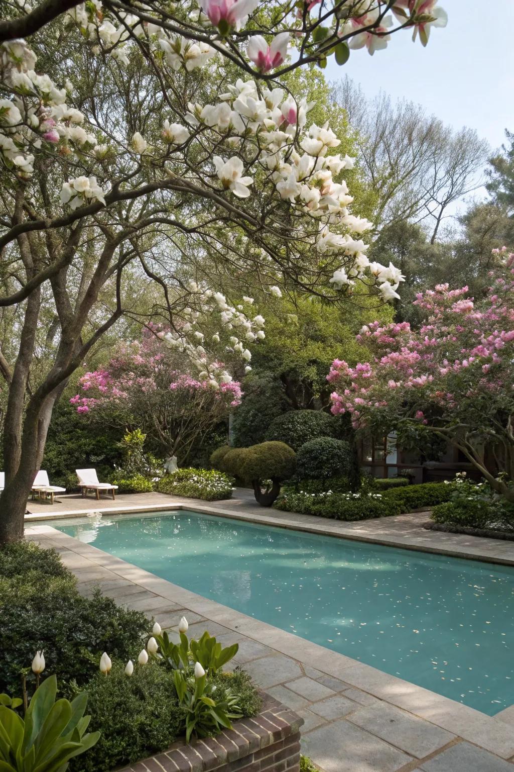 Magnolia trees offer beauty and shade with their iconic blossoms.