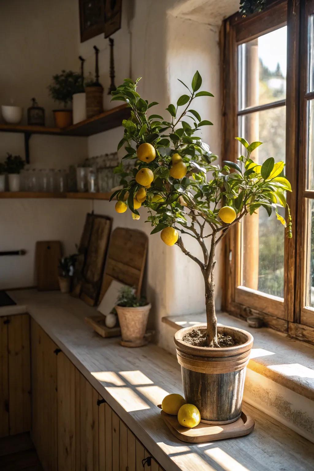 An indoor citrus tree, blending aesthetics and usefulness for mom's cooking space.