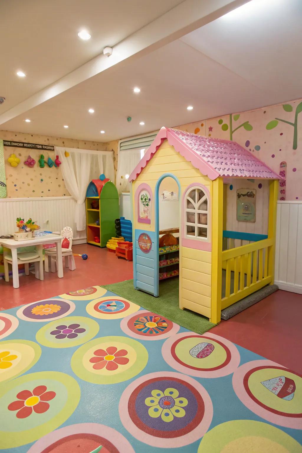 Vinyl ground covering introduces color and resilience to indoor play spaces.