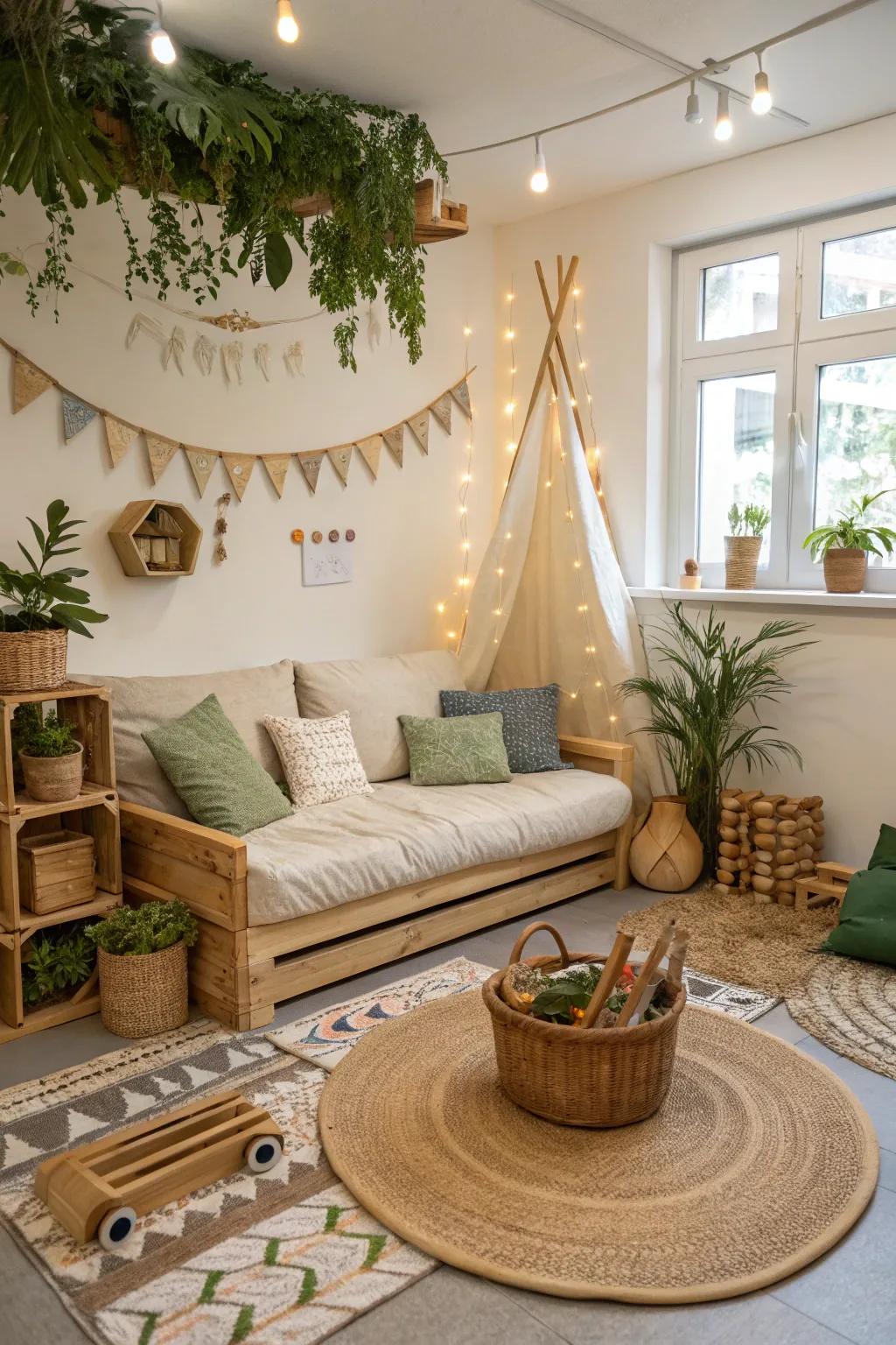 An eco-conscious playroom showcasing a sustainable material sofa.