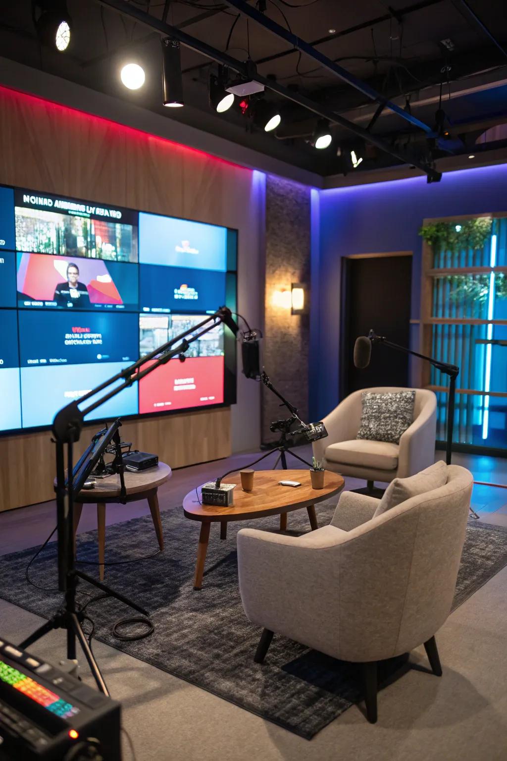 A podcast studio with a changing digital background.