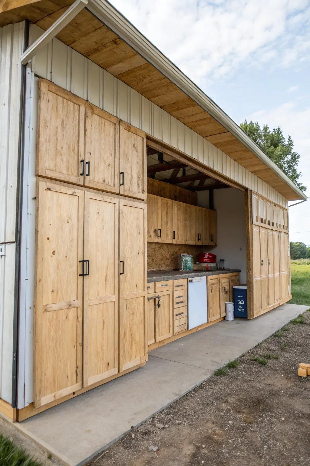 Old cabinets find new life as storage solutions in a utility building.