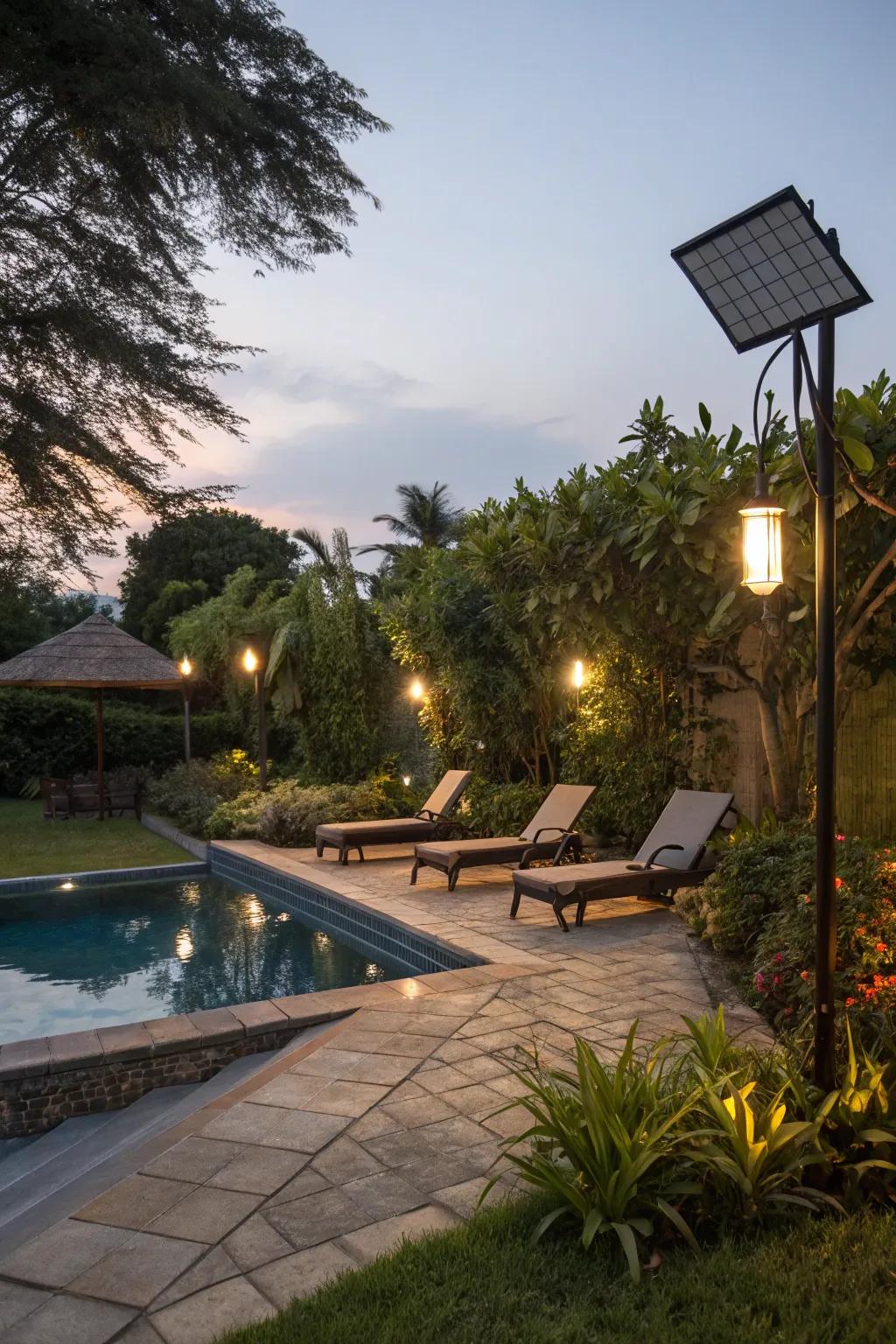 Sun-driven lights offer sustainable illumination for your pool area.