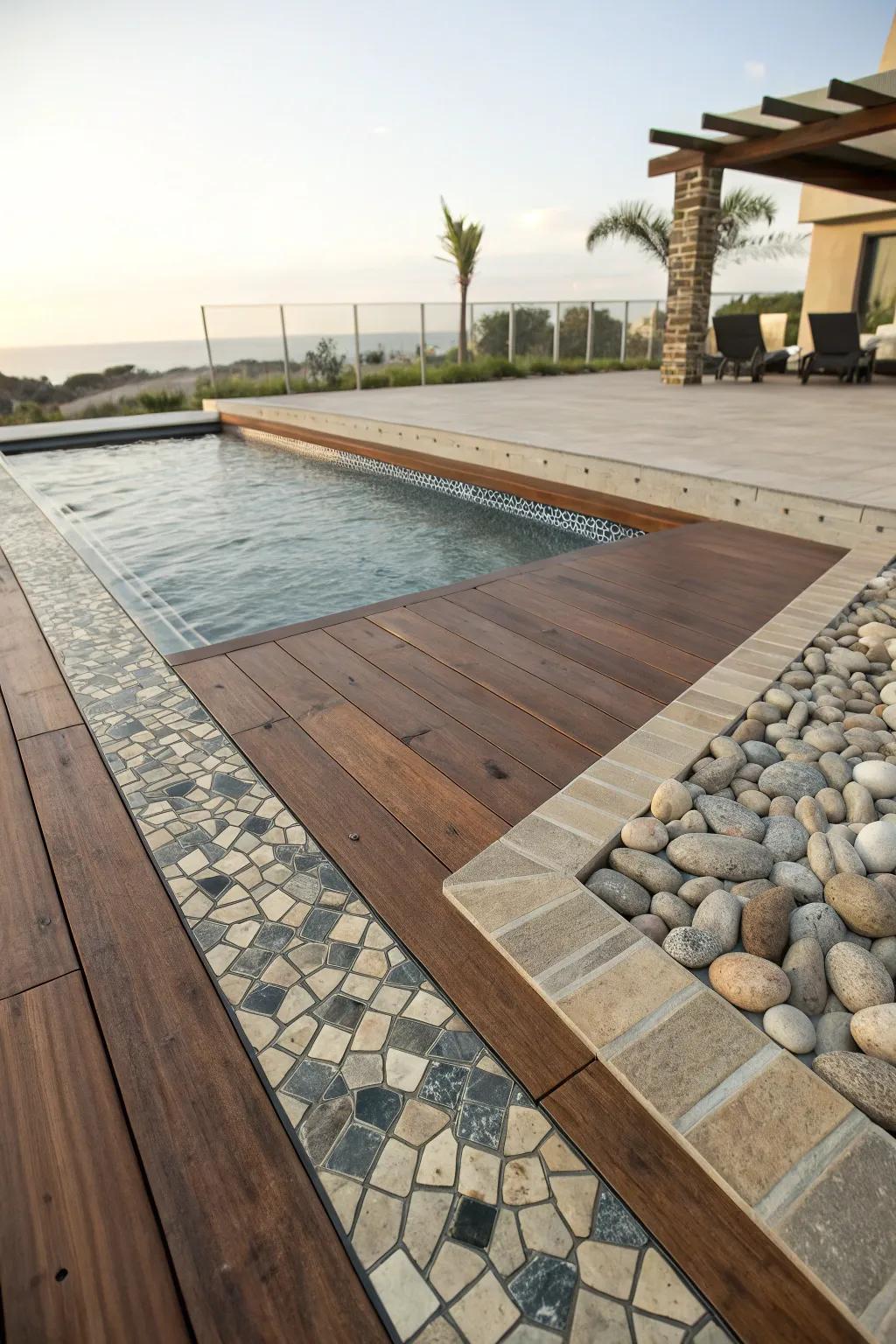 Blending materials introduces texture and intrigue to pool decks.