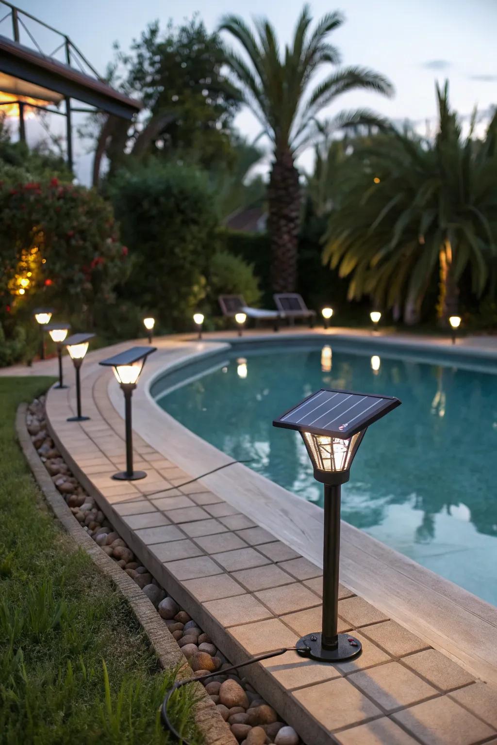 Solar lamps are a sustainable choice for poolside illumination.