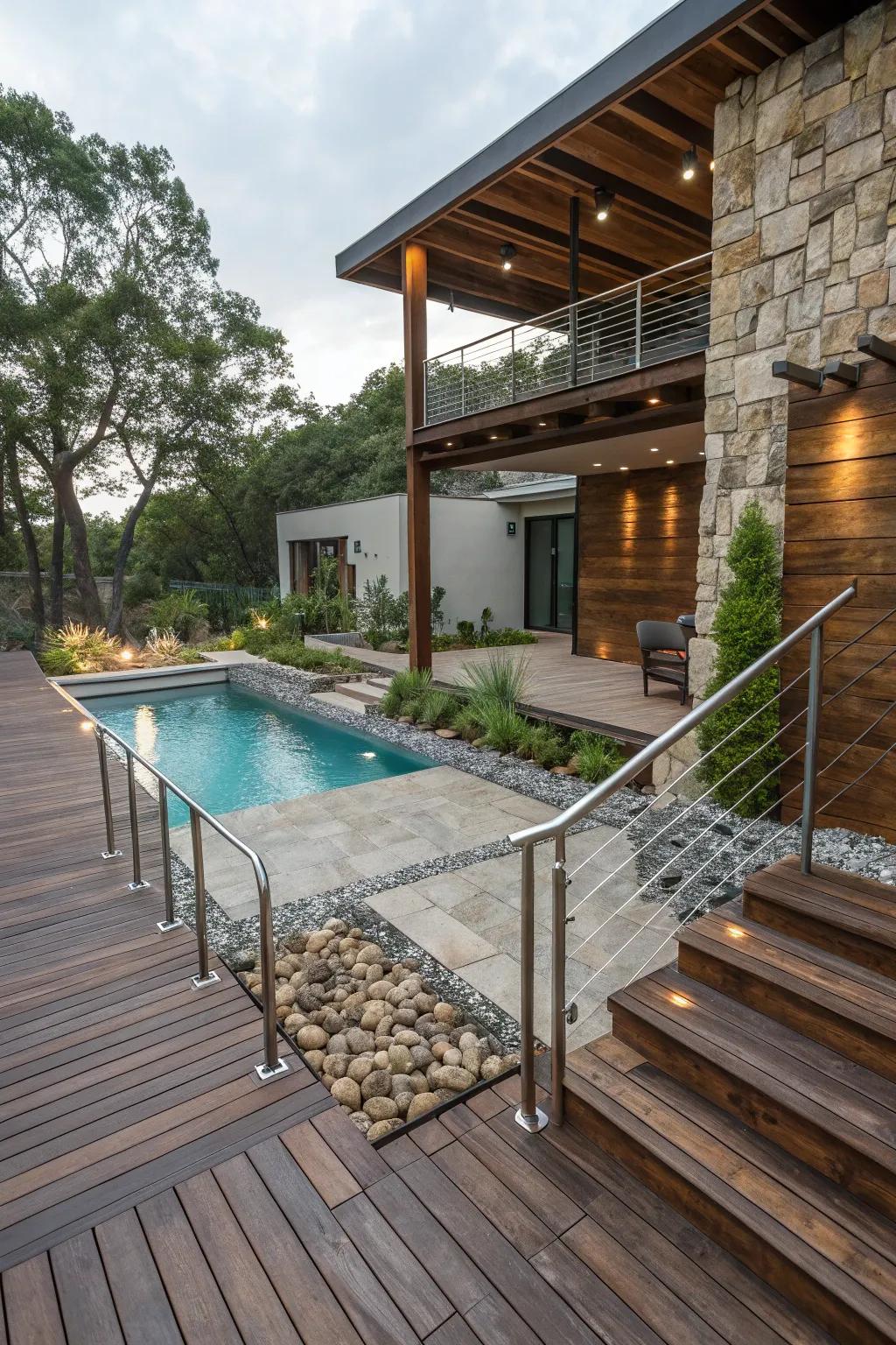 A combination of textures adds depth and fascination to your poolside landscape.