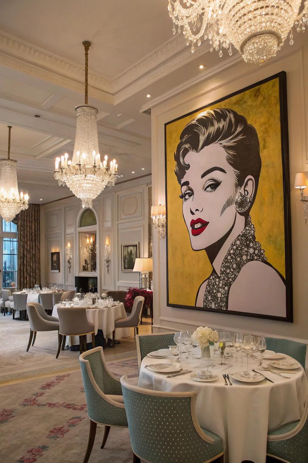 A glamorous pop art painting of a fashion trailblazer decorates the dining room.