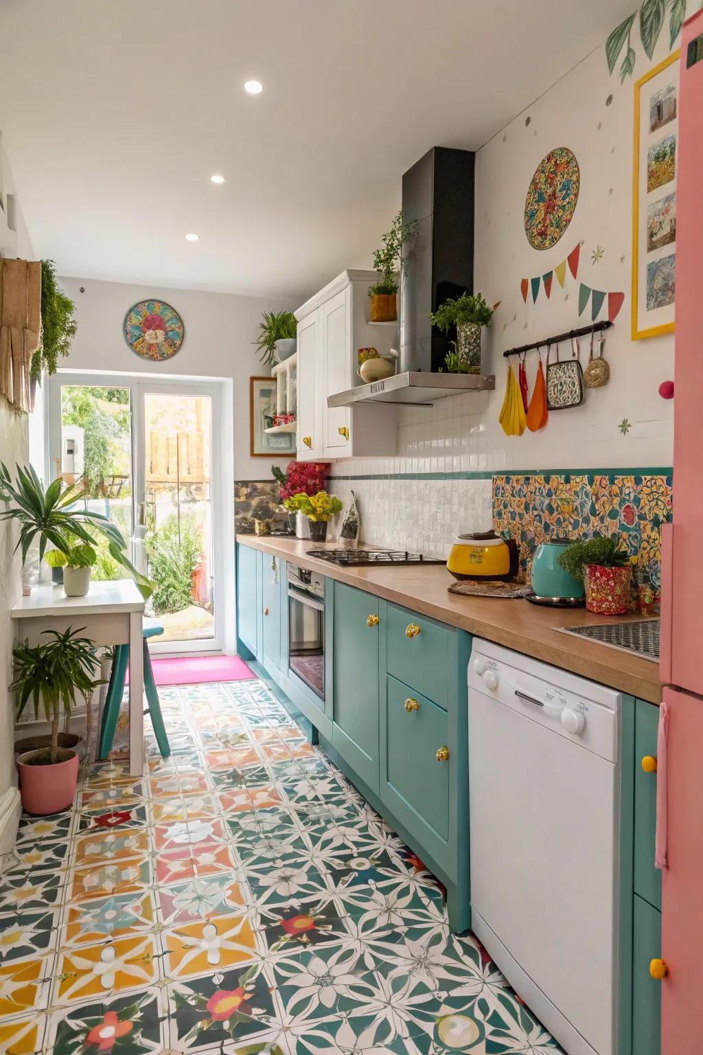 Patterned tiles inject whimsy and ingenuity into kitchen floors.