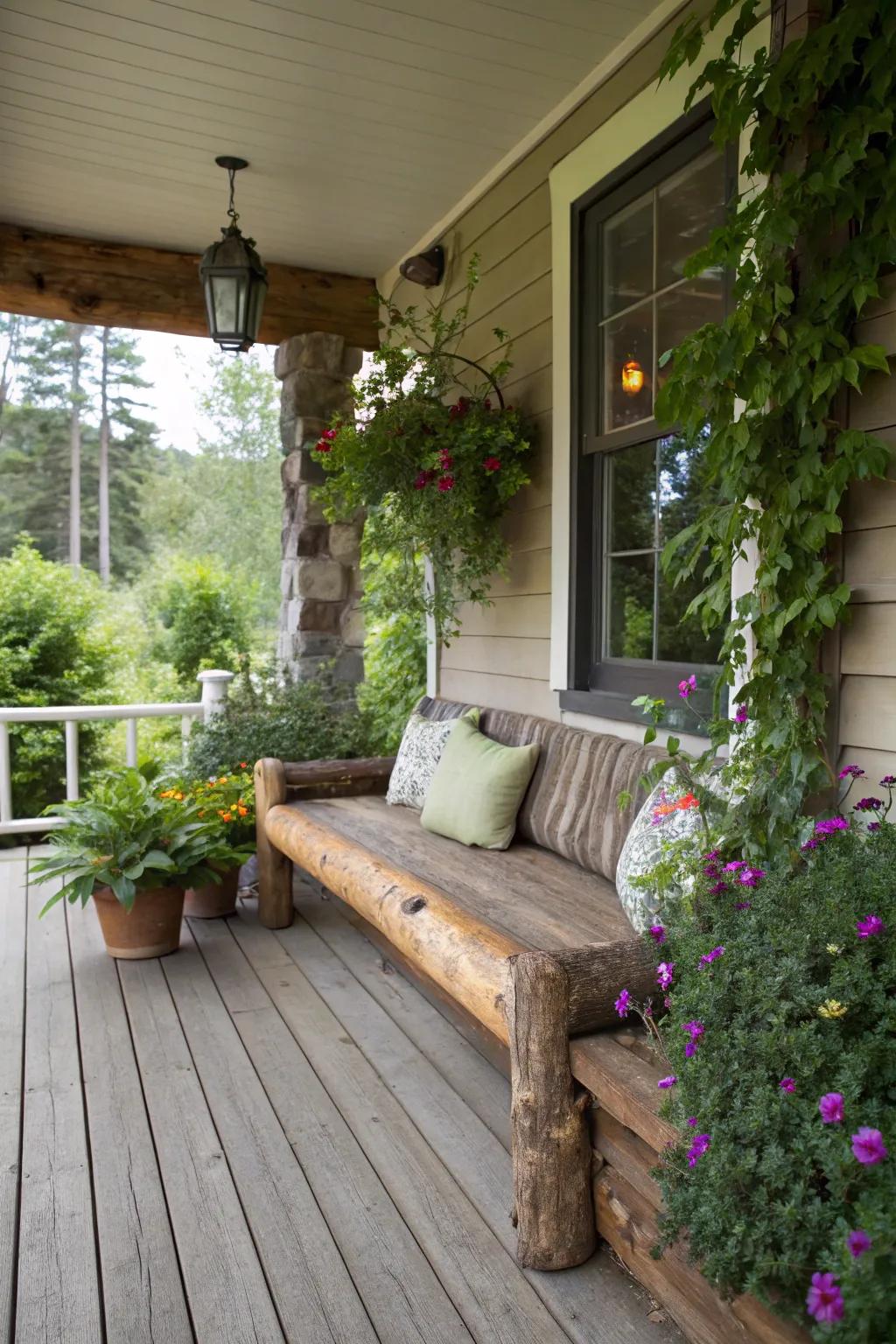 A trunk bench infuses natural character to the porch.